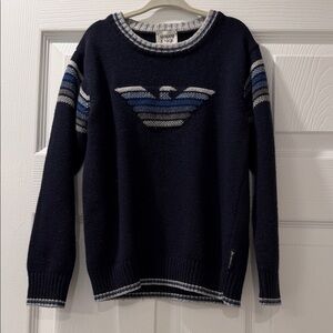 Boys Armani Junior Navy Crewneck Sweater with Blue & Gray Logo Stripes